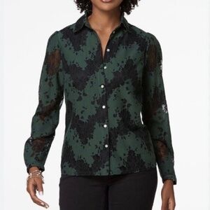 Sexy Green Collared Shirt with Black Lace Floral Detail